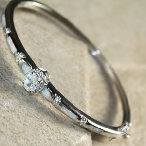 White Fire Opal White Topaz Silver Bracelet Cuff
